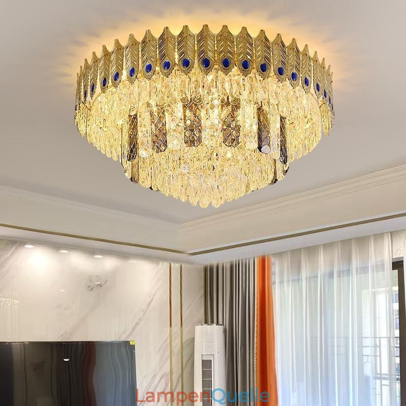 Kristall Flush Mount Runde Galvanisierte Phoenix Schwanz Gold Luxus Dekorative Deckenleuchte