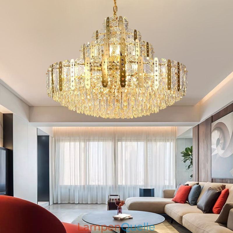 Kristall-Pendelleuchte 4. Etage Luxus-Dekrative Deckenleuchte mit goldenem Hohleisenblech
