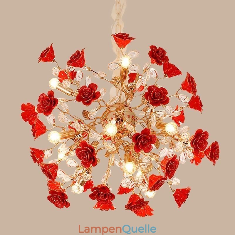 Luxus Pendelleuchte Keramik Rote Blume Kronleuchter