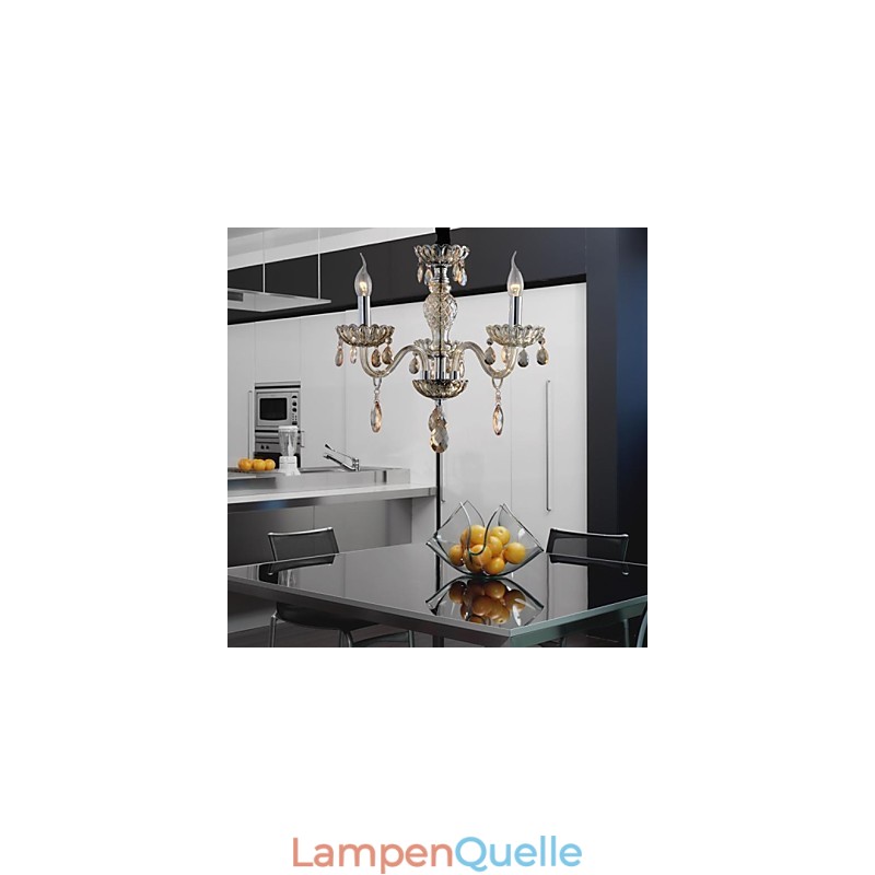 3-flammiger Kronleuchter im Palaststil aus Glas mit Kerzenbirne