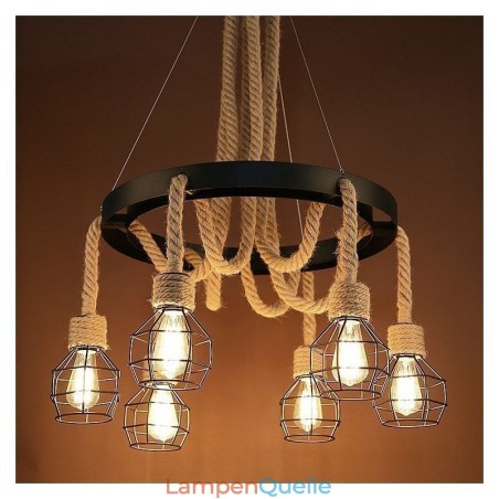 Retro-Stil 6 Köpfe Pendelleuchte Hanfseil Kronleuchter mit Eisen Lampenschirm Retro-Stil 6 Köpfe Pendelleuchte Hanfseil Kronleuchter mit Eisen Lampenschirm