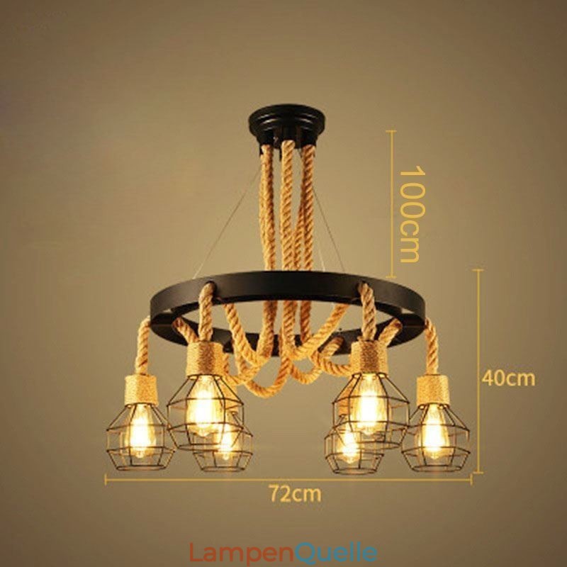 Retro-Stil 6 Köpfe Pendelleuchte Hanfseil Kronleuchter mit Eisen Lampenschirm
