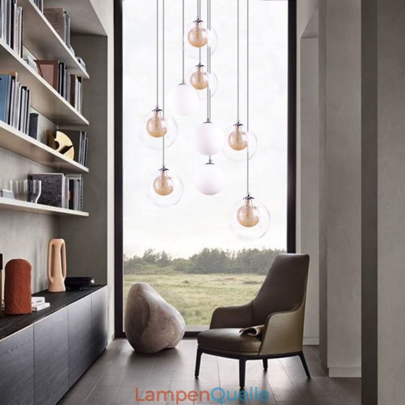 Pendelleuchte Glas Cluster Deckenleuchte Gold Nickel Gebürstet+Milchglaskugel