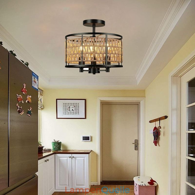 Retro Deckenleuchte Schwarz Eisen Papier Seil Deckenlampe 3 Lichter