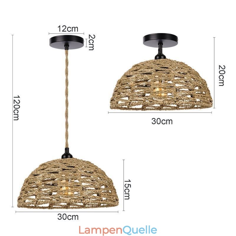 Pendelleuchte im Landhausstil, handgewebter Lampenschirm aus Papierseil, 30 cm