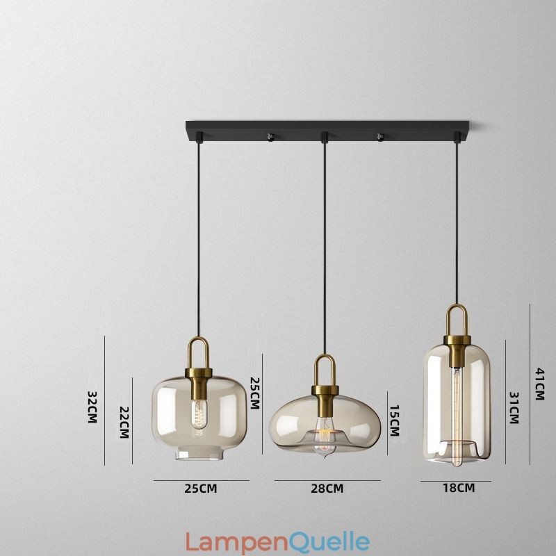 3-flammige Pendelleuchte mit Glasschirminsel
