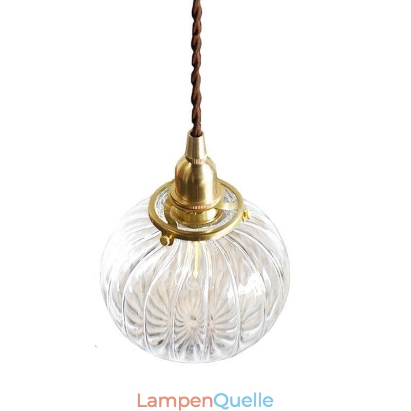 Glas Pendelleuchte Klar Rund Gerippt Kürbisform Lampe 1 Licht