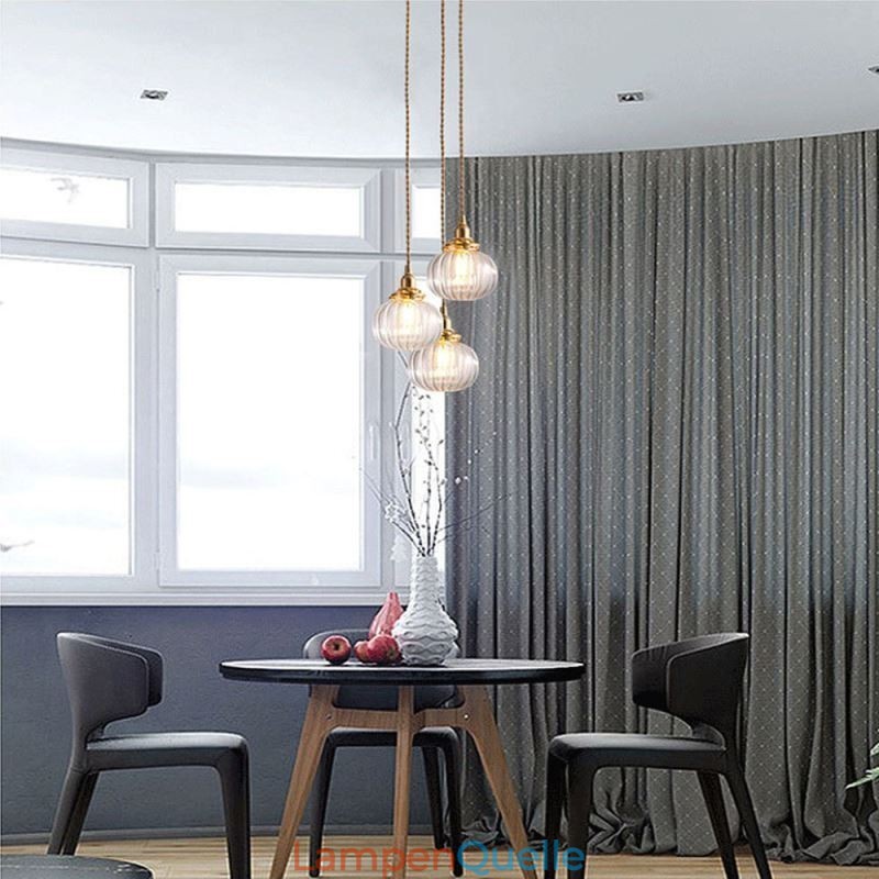 Glas Pendelleuchte Klar Rund Gerippt Kürbisform Lampe 1 Licht