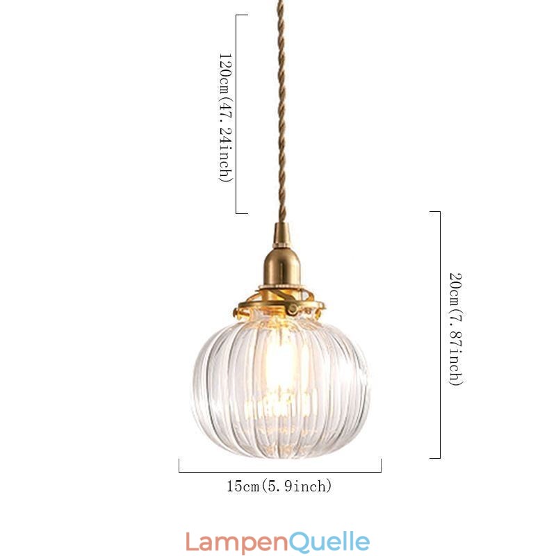 Glas Pendelleuchte Klar Rund Gerippt Kürbisform Lampe 1 Licht