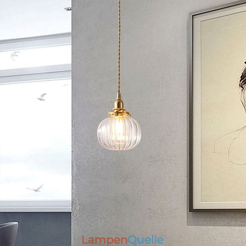 Glas Pendelleuchte Klar Rund Gerippt Kürbisform Lampe 1 Licht