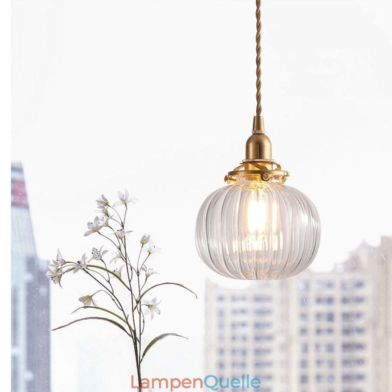 Glas Pendelleuchte Klar Rund Gerippt Kürbisform Lampe 1 Licht