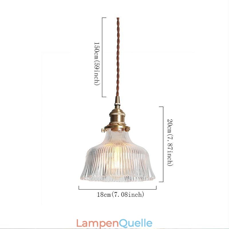 Große Pendelleuchte aus klarem geripptem Glas mit Messinghalterung und Drehschalter