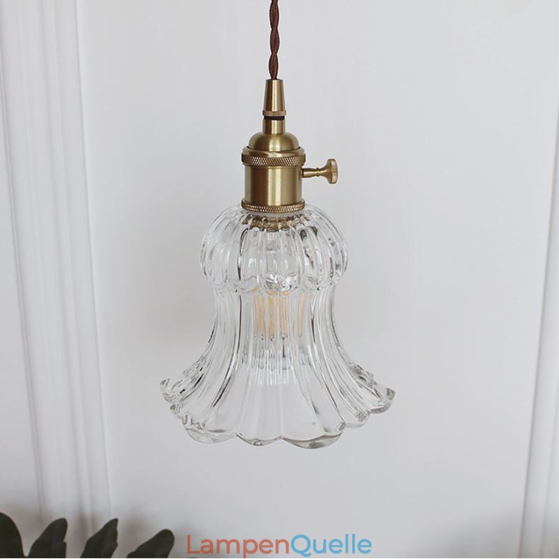 Pendelleuchte in Blumenform aus klarem geripptem Glas mit Drehschalter