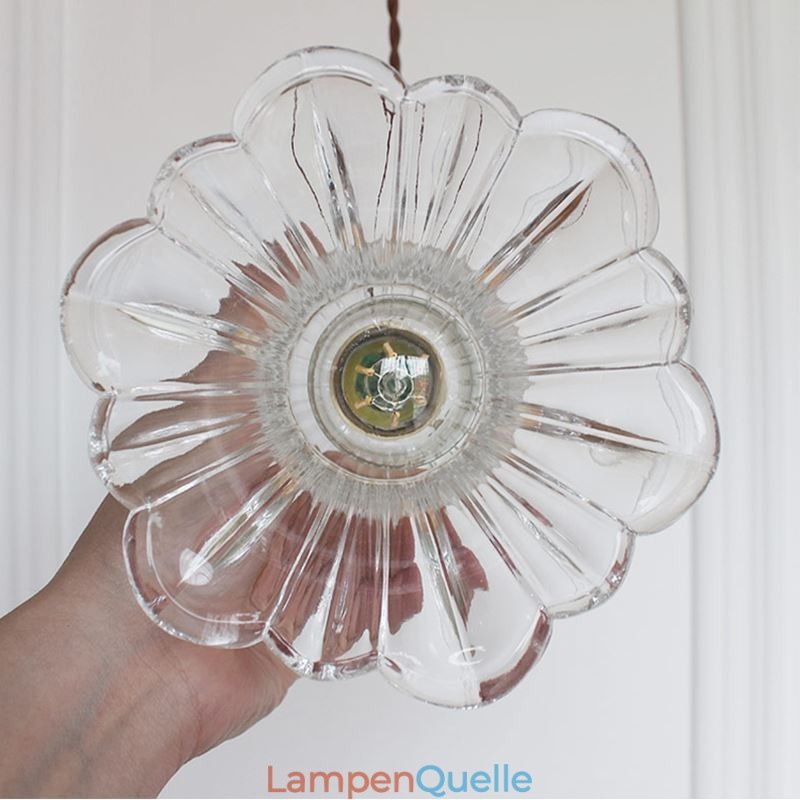Pendelleuchte in Blumenform aus klarem geripptem Glas mit Drehschalter