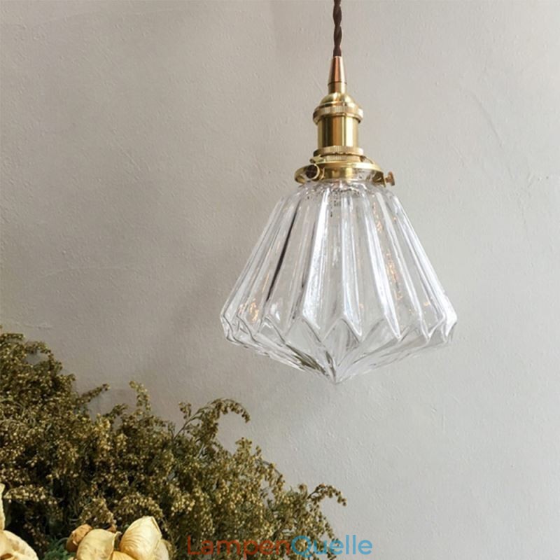 Pendelleuchte aus geripptem Glas mit klarem Diamant