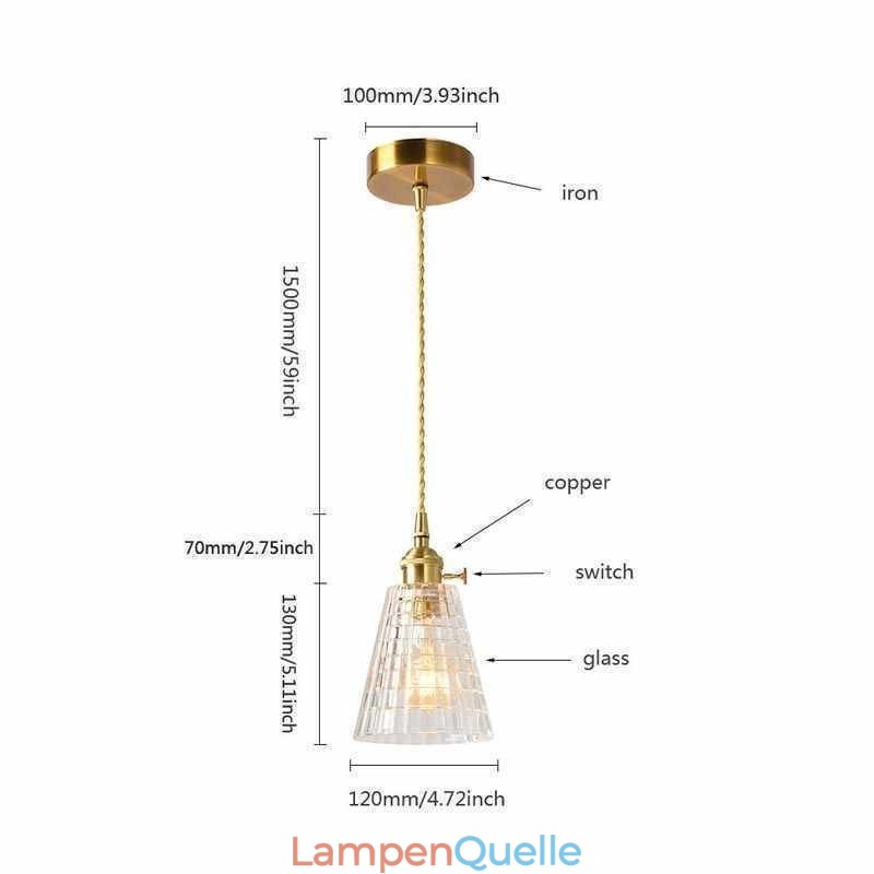 Quadratische klare gerippte Glas Pendelleuchte Messing Lampe mit Drehschalter Beleuchtung