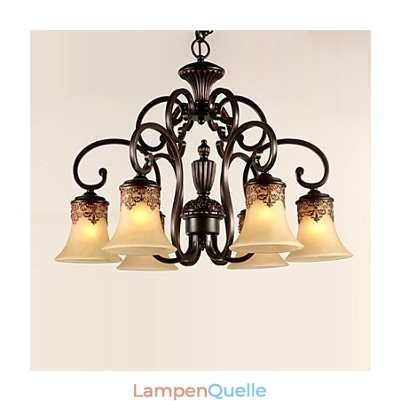 Kronleuchter Pendelleuchte 6 Lichter Lampenschirm Unten Vintage Country Metall + Glas Kronleuchter Pendelleuchte 6 Lichter Lampenschirm Unten Vintage Country Metall + Glas