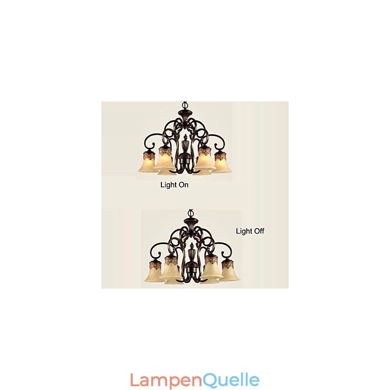 Kronleuchter Pendelleuchte 6 Lichter Lampenschirm Unten Vintage Country Metall + Glas