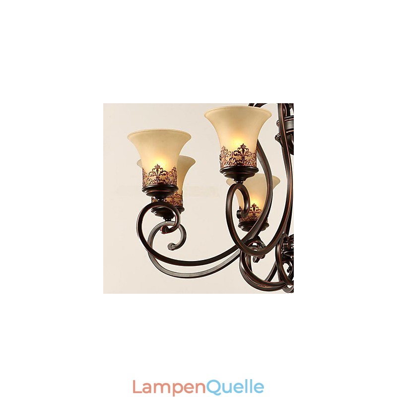 Kronleuchter Pendelleuchte 6 Lichter Lampenschirm Unten Vintage Country Metall + Glas