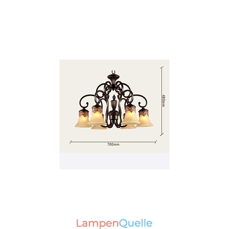 Kronleuchter Pendelleuchte 6 Lichter Lampenschirm Unten Vintage Country Metall + Glas