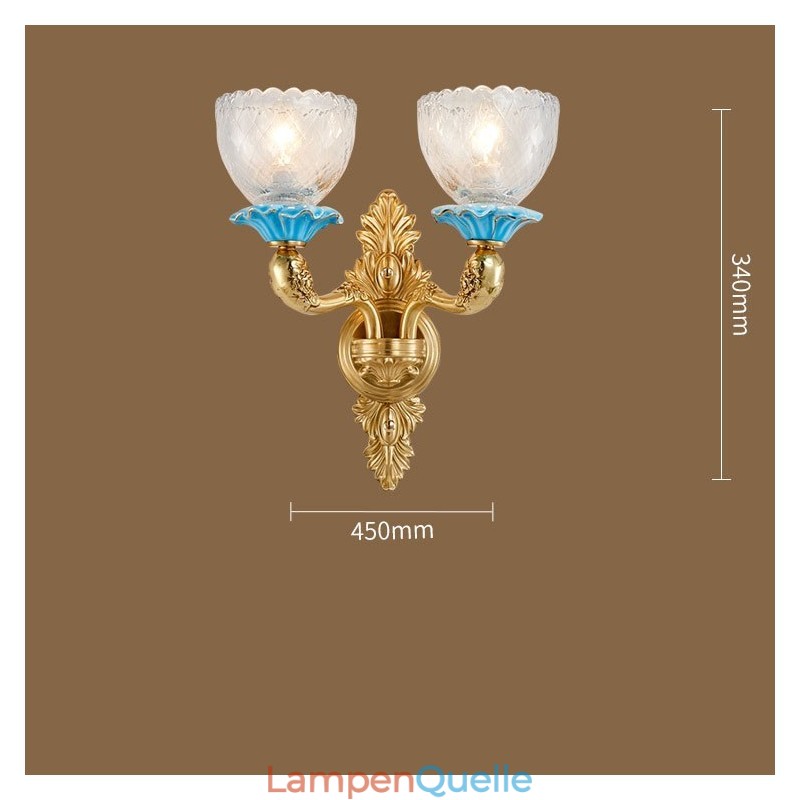 100 % reines Messing, luxuriöse rustikale Retro-Vintage-Keramik-Kerzen-Wandleuchte mit 2 Lichtern und Glasschirmen, speziell für Hotels, Büros, Ausstellungsräume, Wohnzimmer und Esszimmer