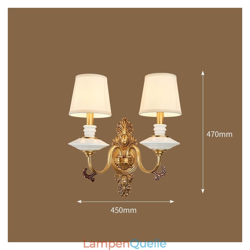 100 % reines Messing, luxuriöse rustikale Retro-Vintage-Keramik-Wandleuchte mit 2 Kerzenlichtern und Stoffschirmen, speziell für Hotels, Büros, Ausstellungsräume, Wohnzimmer und Esszimmer