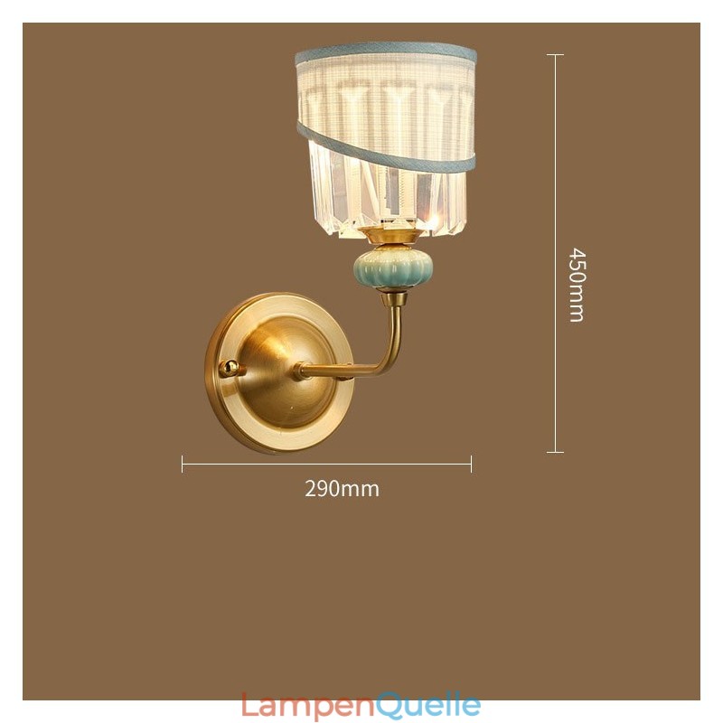 Reines Messing, luxuriöse rustikale Retro-Vintage-Keramik-Kerzen-Wandleuchte mit 1 Licht, Stoff- und Kristallschirm, speziell für Hotel, Büro, Ausstellungsraum, Wohnzimmer, Esszimmer