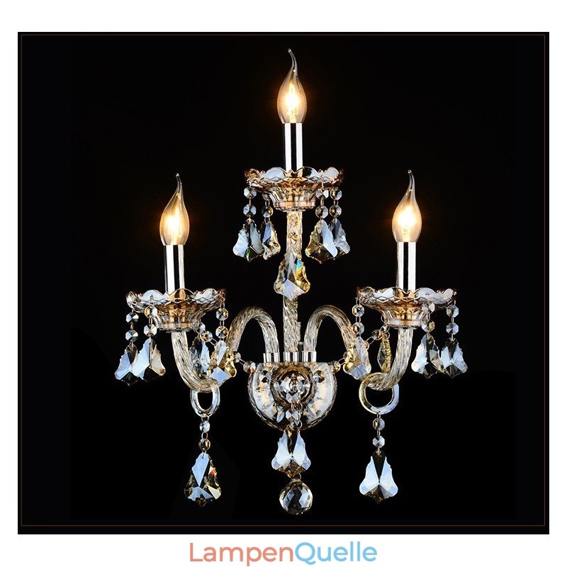 3-flammige, passende Cognac-Farbe, K9-Kristallkerze, Retro-Glas-Wandleuchte