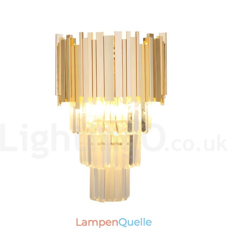 Goldfarbene, passende postmoderne Luxus-Wandleuchte aus K9-Kristall mit Kristallschirm