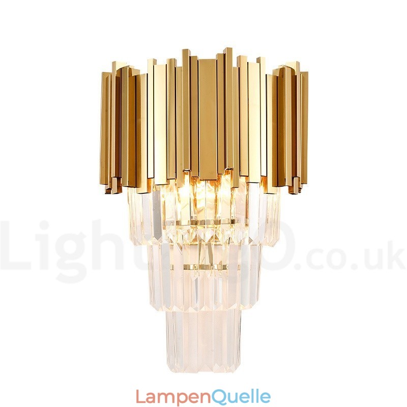 Goldfarbene, passende postmoderne Luxus-Wandleuchte aus K9-Kristall mit Kristallschirm