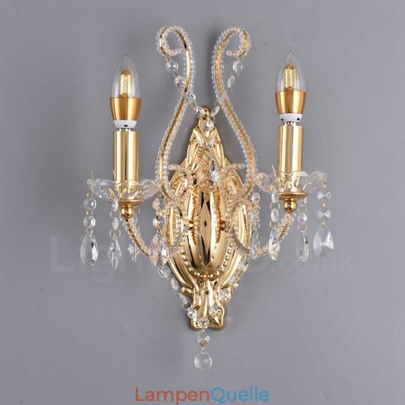 Wandleuchte mit 2 Lichtern, Gold/Schwarz, im amerikanischen Stil, Kristall, für Wohnzimmer, Esszimmer, Bekleidungsgeschäft, Café, Hotel