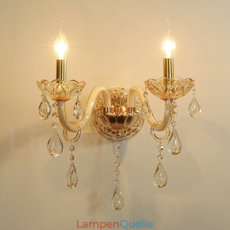 2-flammige goldene K9-Kristallkerzen-Wandleuchte im Retro-Stil aus Glas