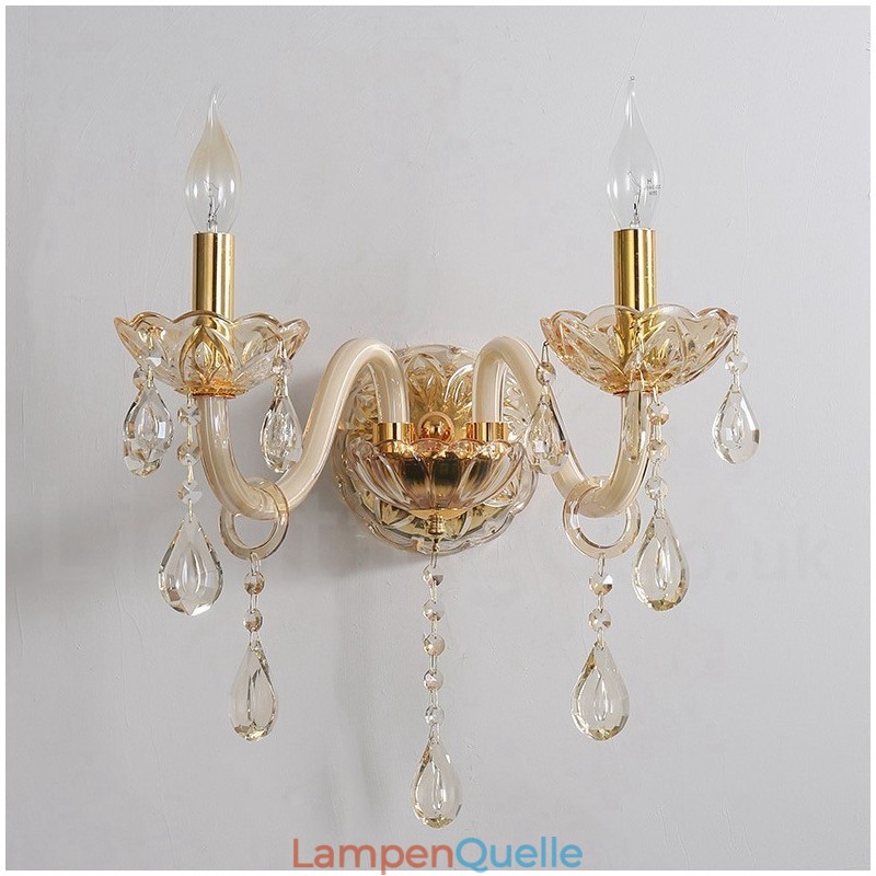 2-flammige goldene K9-Kristallkerzen-Wandleuchte im Retro-Stil aus Glas