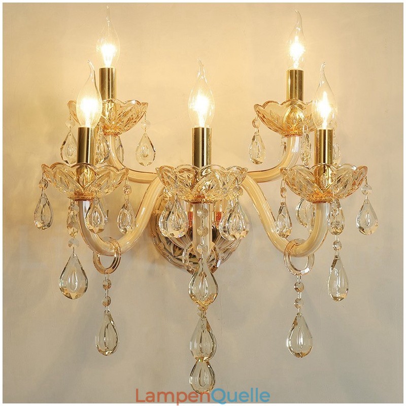 5-flammige goldene K9-Kristallkerzen-Wandleuchte im Retro-Stil aus Glas