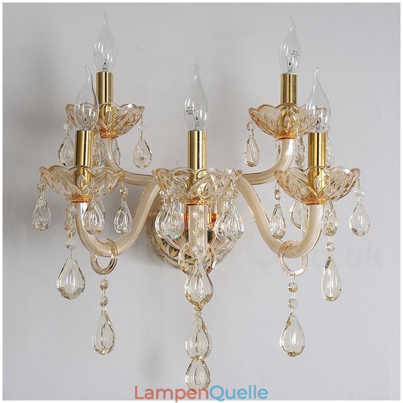 5-flammige goldene K9-Kristallkerzen-Wandleuchte im Retro-Stil aus Glas