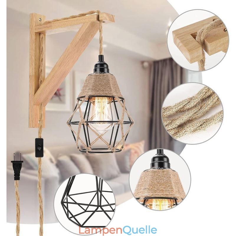 Hanfseil Eisen Kunst Wandleuchte American Pastoral Retro Wandleuchte mit Stecker