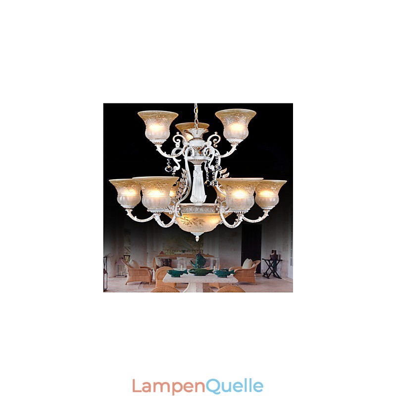 Weiß Kronleuchter Zwölf Lichter Muster Glas Schatten Hand Vergoldet Europäischen Retro