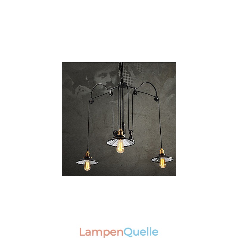 Vintage Pully Pendelleuchte 3 Insel Foyer Metall + Glas im Schirm