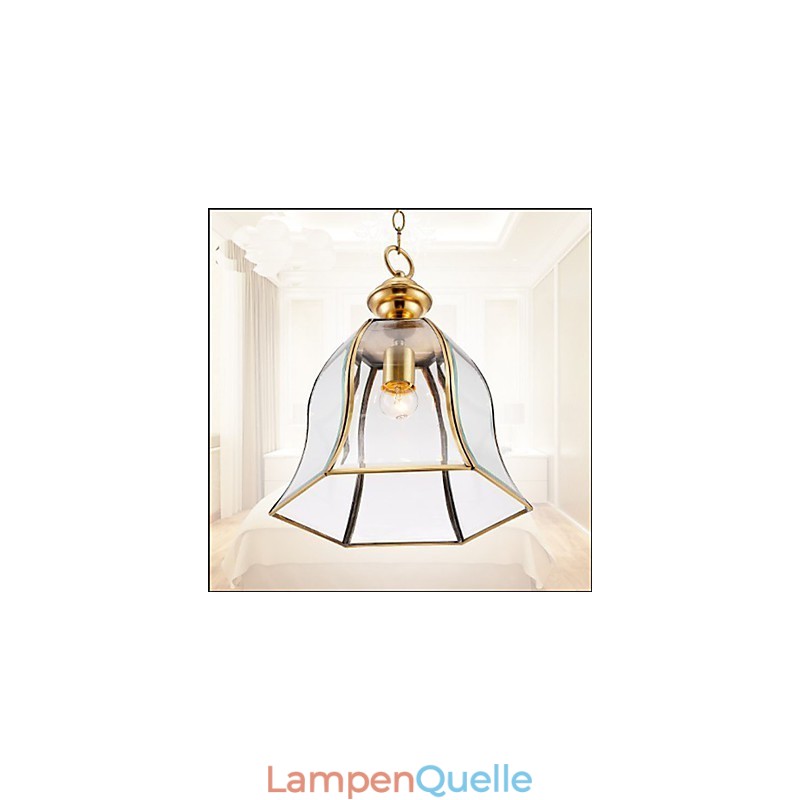 Kleine Pendelleuchte im amerikanischen Landhausstil, komplett aus Kupfer und einem Glas