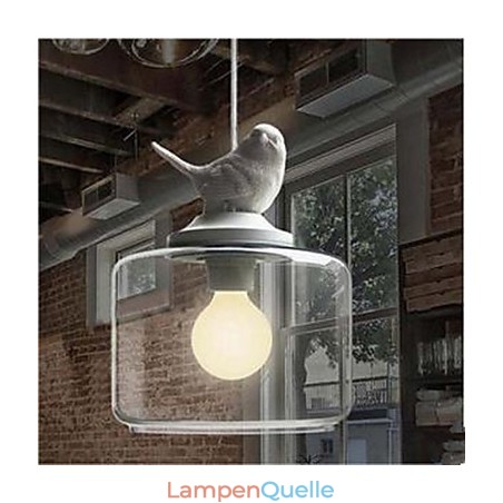 Hängelampe mit Glasvögeln und einem Kopf