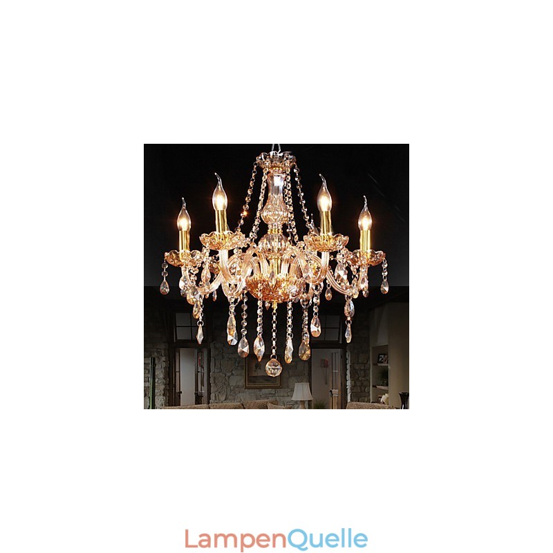 Bernsteinfarbener, eleganter Kristall-Kronleuchter mit 6 Lichtern für Zuhause