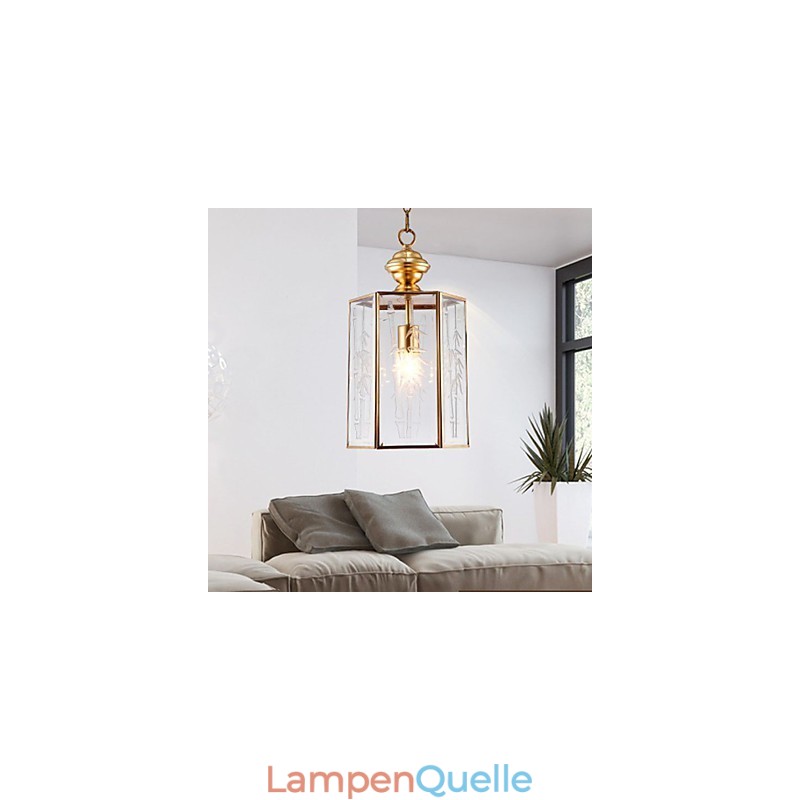 Kleine Pendelleuchte im amerikanischen Landhausstil, komplett aus Kupfer und einem Glas