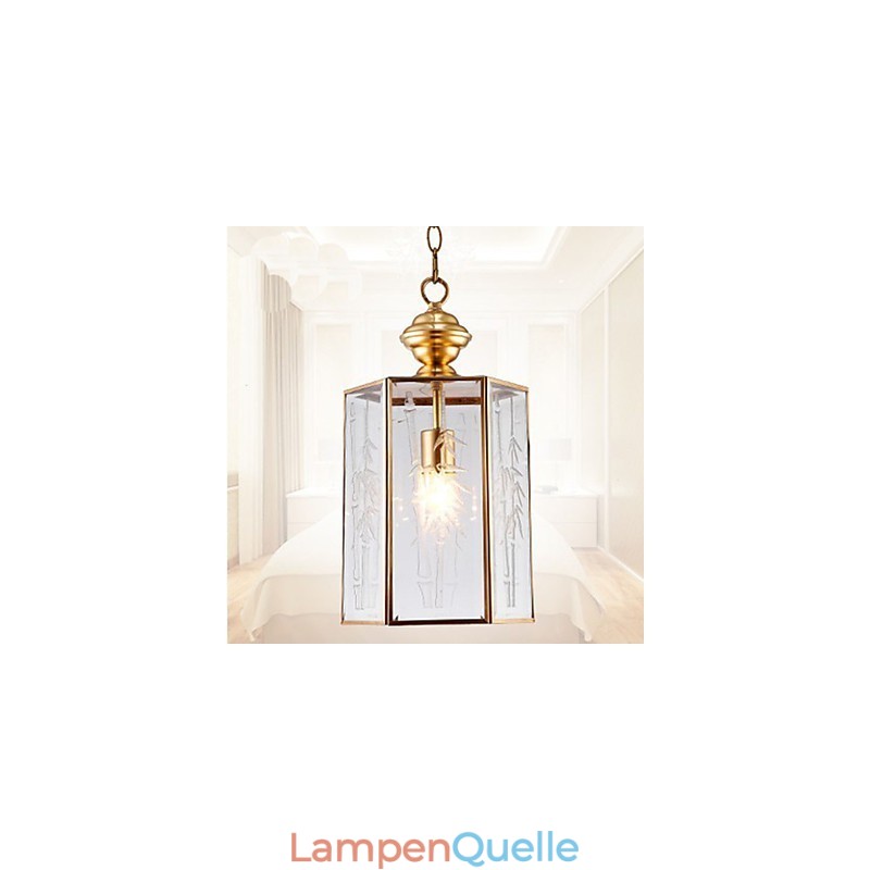 Kleine Pendelleuchte im amerikanischen Landhausstil, komplett aus Kupfer und einem Glas