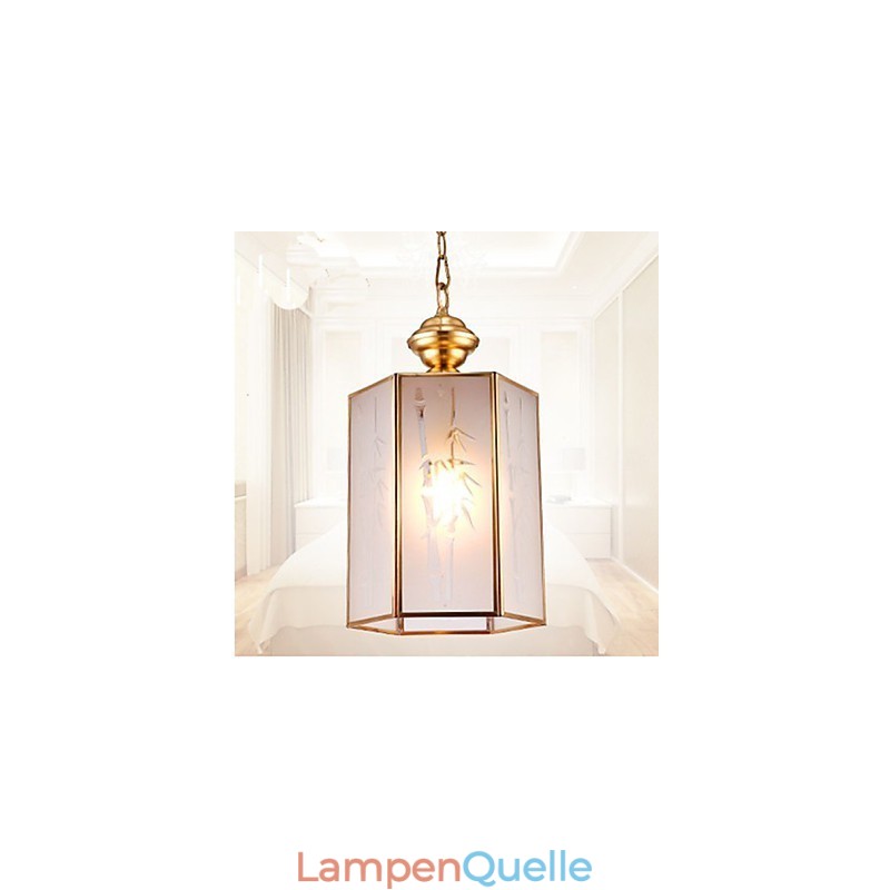 Kleine Pendelleuchte im amerikanischen Landhausstil, komplett aus Kupfer und einem Glas